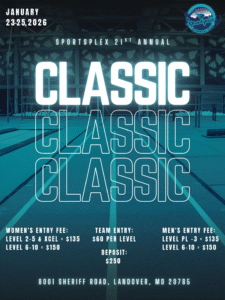 blue flyer with white text announcing the Sportsplex Team Classic gymnastics meet, January 23-25, 2026 in Landover, MD