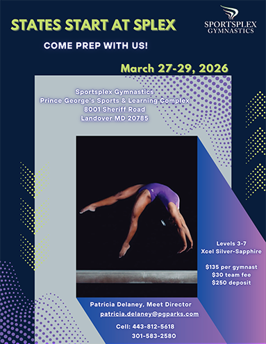 States-Start_Sportsplex-Gymnastics_383x495 gymnast suspended in the air above the balance beam with descriptive text for the Prep for States gymnastics meet hosted by Sportsplex Gymnastics